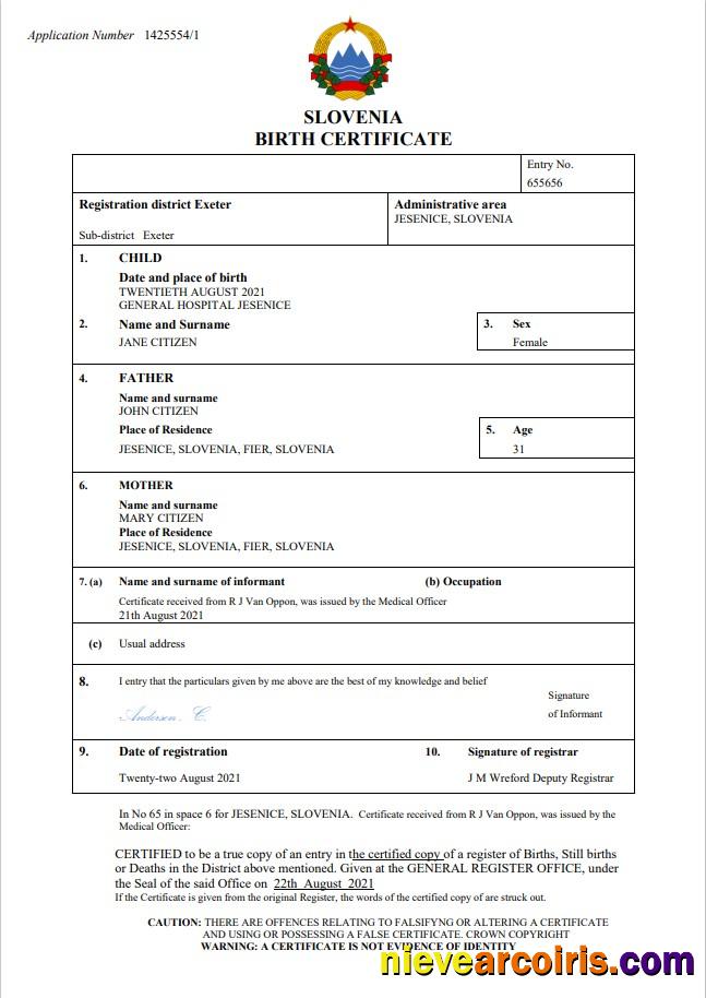 Slovenia birth certificate